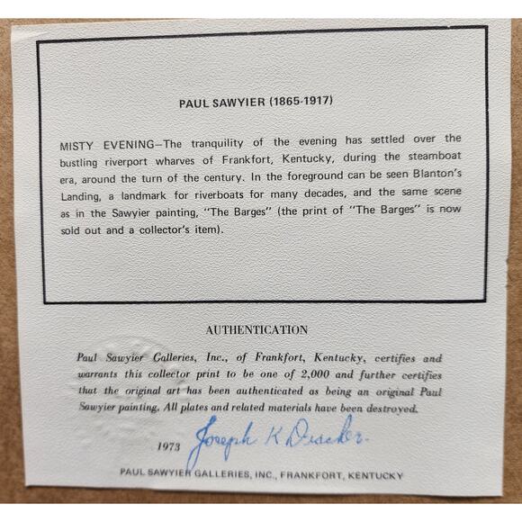 Paul Sawyier “Misty Evening” Lithograph Framed Gold Beveled Wood KY Art 1973 VTG - Picture 11 of 13